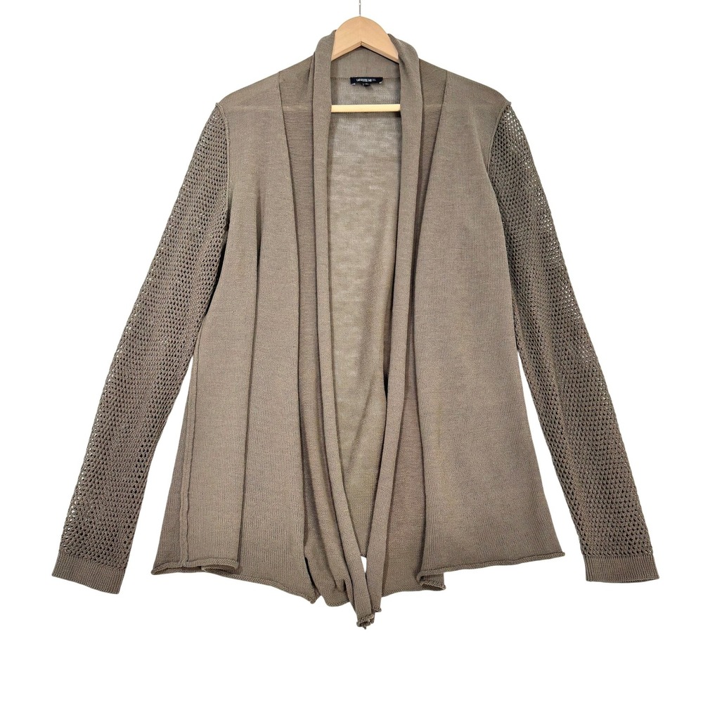 Lafayette 148 New York Linen Blend Open Front Knit Cardigan‎ Brown Mesh Sleeve M